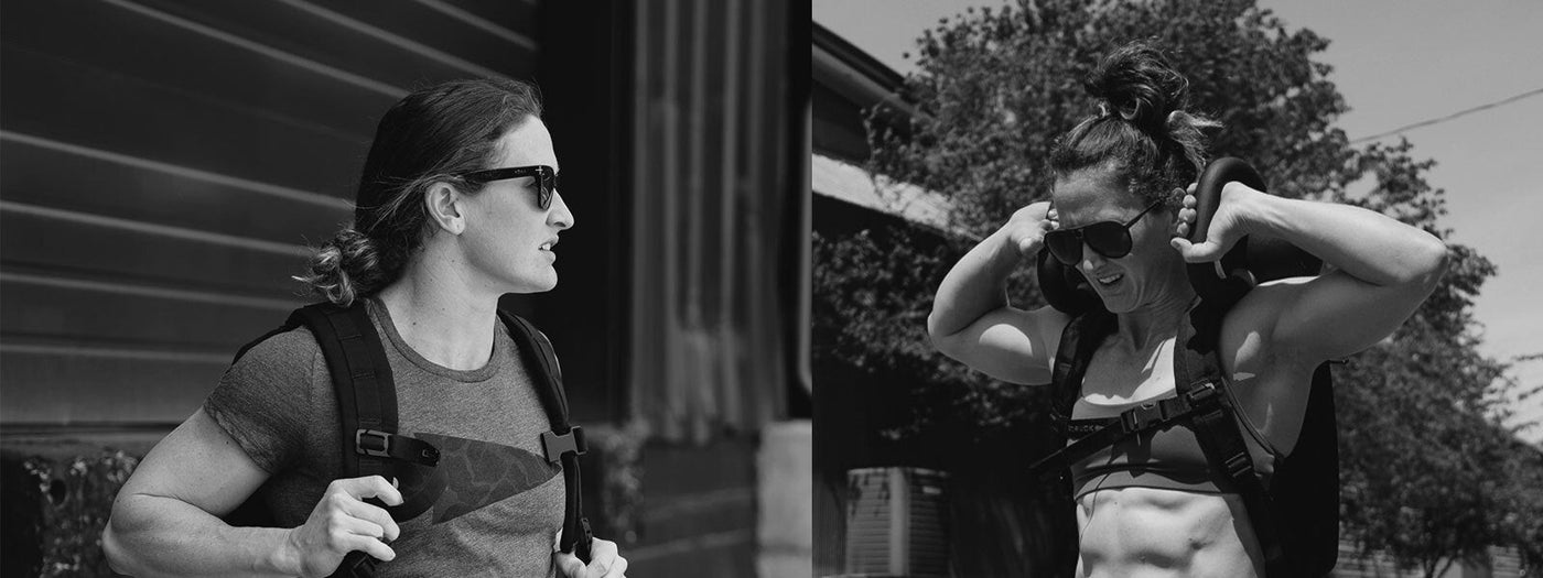 Two black and white photos of a person outdoors. On the left, they wear sunglasses and a backpack. On the right, they lift a kettlebell over their shoulders, showcasing their toned physique. Both images feature trees in the background.