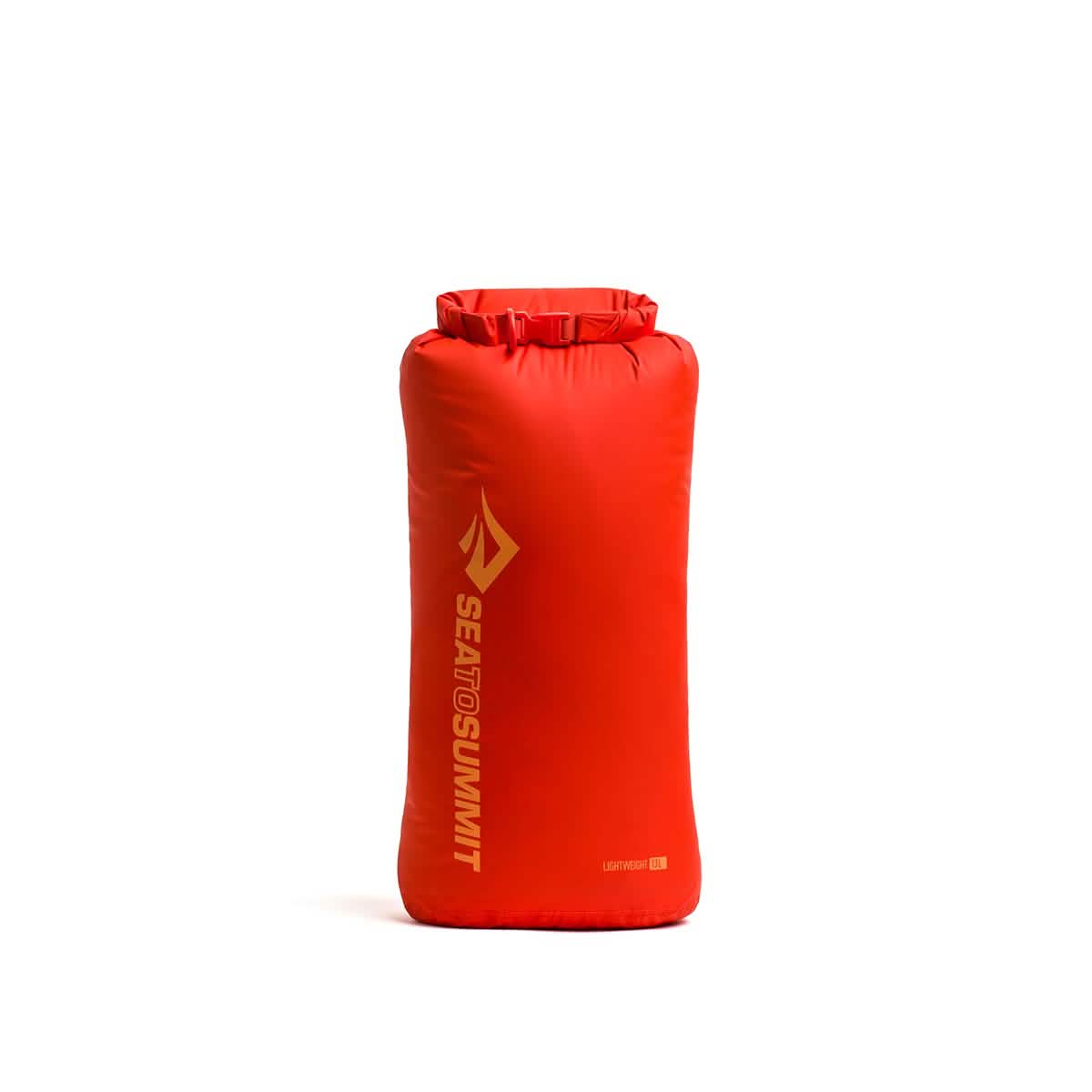 A vibrant red Dry Sack from Sea to Summit stands upright, showcasing the brand logo and name in orange lettering down the side. Made from lightweight nylon, it includes a waterproof rolled-top closure, perfect for keeping items dry during outdoor activities.