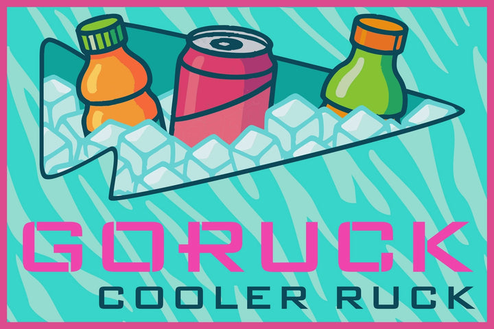 Three drinks on ice sit inside the Patch - Cooler Ruck with "GORUCK COOLER RUCK" text against a teal patterned background—your summer favorite for any two-person carry.