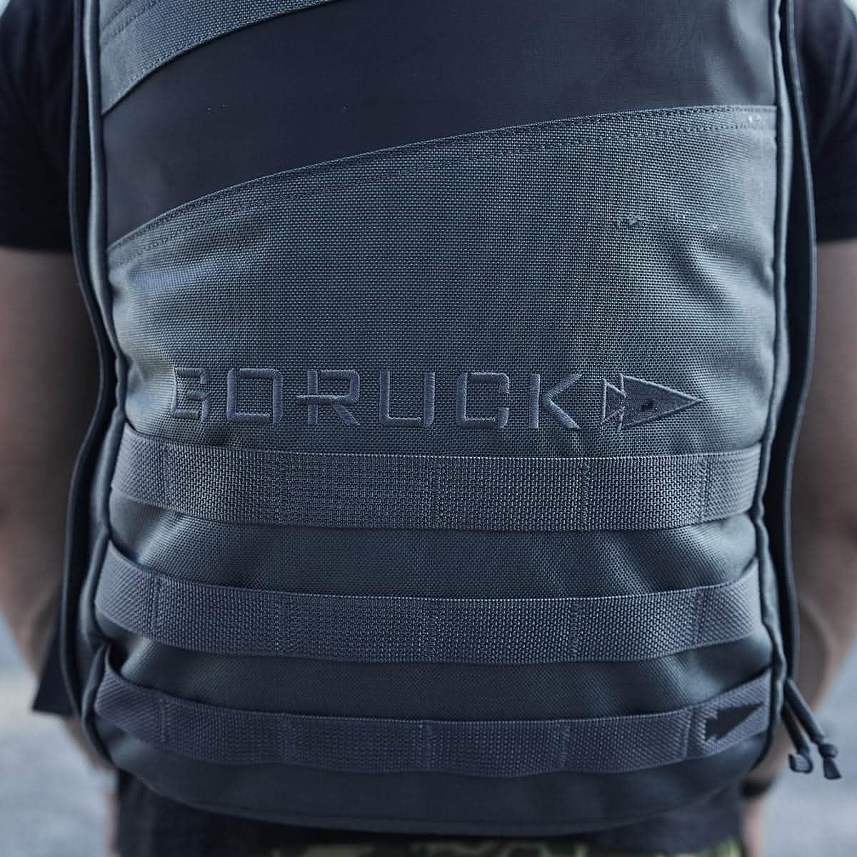 Close-up of a person wearing a grey and black GORUCK Rucker 4.0 backpack featuring MOLLE webbing. The GORUCK brand name is prominently displayed on the front, making it perfect for rucking enthusiasts.