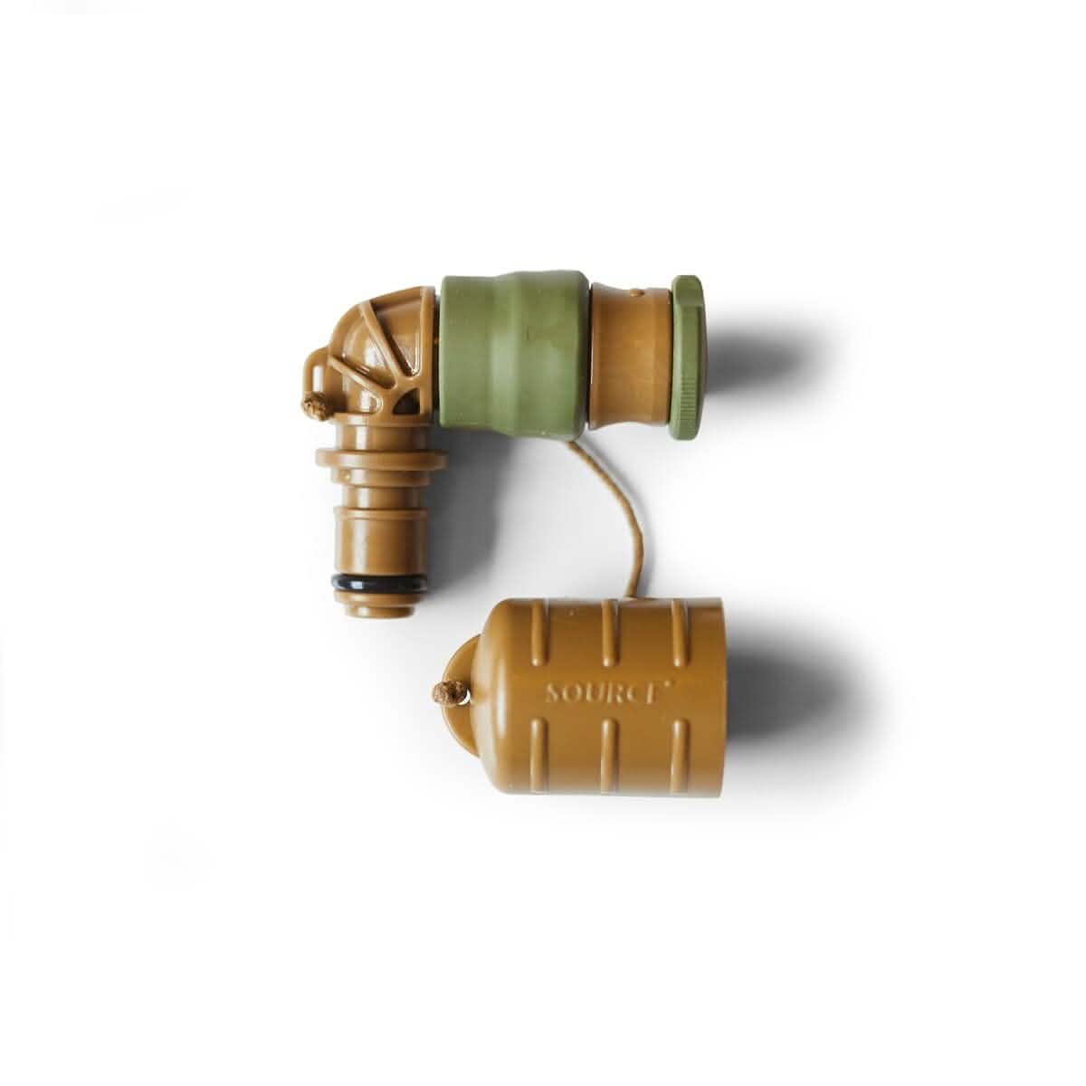 Introducing the Hydration Valve Mouthpiece by GORUCK: This compact, L-shaped component is designed with a military aesthetic and constructed from durable green and tan plastic parts. The left portion features a grooved cylindrical shape, linked by a short tube to a larger tan barrel-shaped section emblazoned with the word "SOURCE." Ideal as a replacement mouthpiece for your hydration bladder.