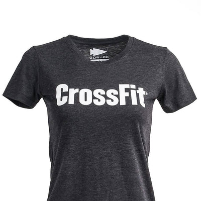 A Women's CrossFit Tee - Tri-Blend by GORUCK, featuring a dark gray hue and crafted from premium tri-blend fabric, with white lettering against a clean white background.