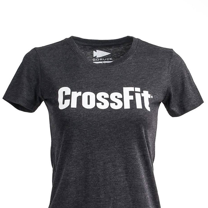 A Women's CrossFit Tee - Tri-Blend by GORUCK, featuring a dark gray hue and crafted from premium tri-blend fabric, with white lettering against a clean white background.