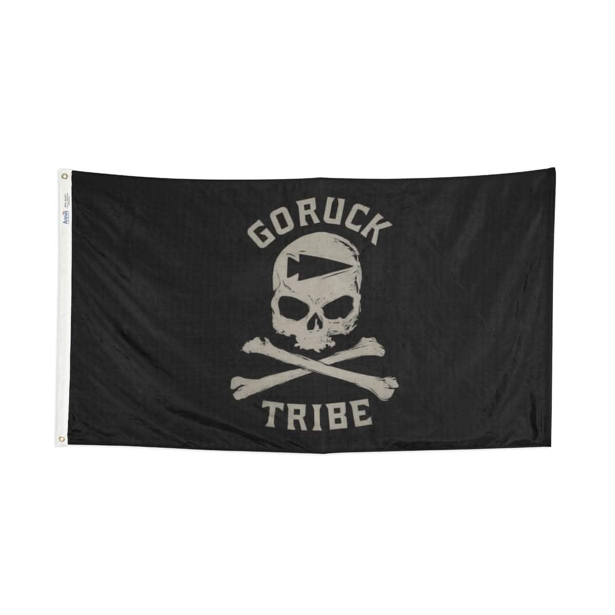 The Flag - Tribe, crafted by Annin Flagmakers, is a black flag with a skull and crossbones design and "GORUCK TRIBE" text on a crisp white background.