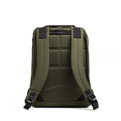 The GR0 - X-PAC backpack in olive green features black straps and a padded back, shown from the rear on a white background. Made with lightweight, waterproof X-PAC material for dependable everyday use.