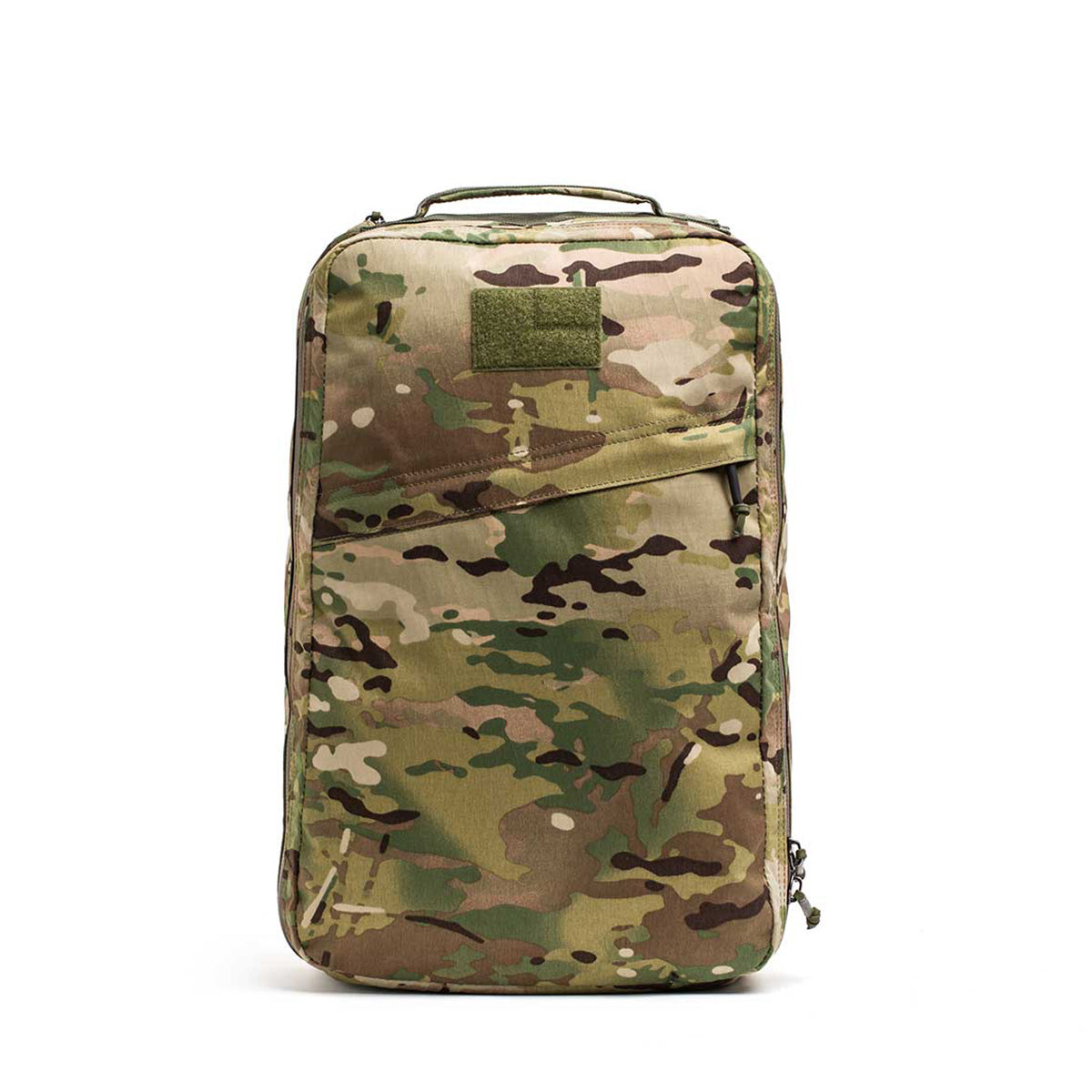 The GR1 USA - X-PAC camouflage backpack is rectangular, made from durable X-PAC material, and features a zippered front pocket on a white background.