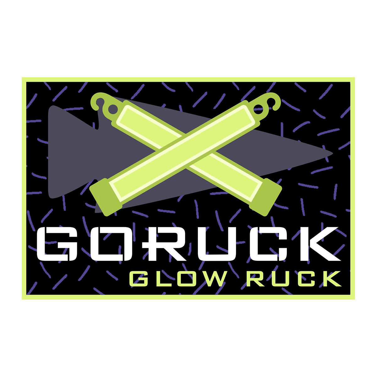 Patch - Glow Ruck: Features two crossed glow sticks, a dark arrow, and "GORUCK Glow Ruck" text on a patterned background—ideal for night rucking or showing GORUCK Club pride.