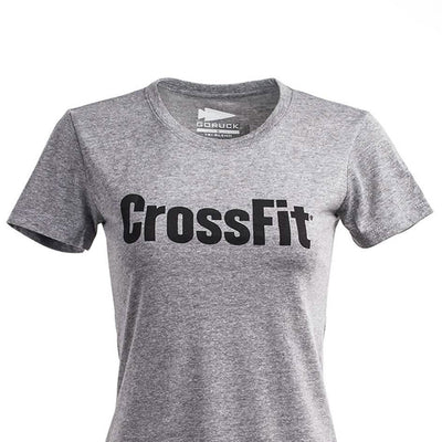 Introducing the Women's CrossFit Tee - Tri-Blend by GORUCK: A premium tri-blend gray T-shirt featuring "CrossFit" printed prominently in bold black letters on the front, proudly made in the USA for quality you can trust.