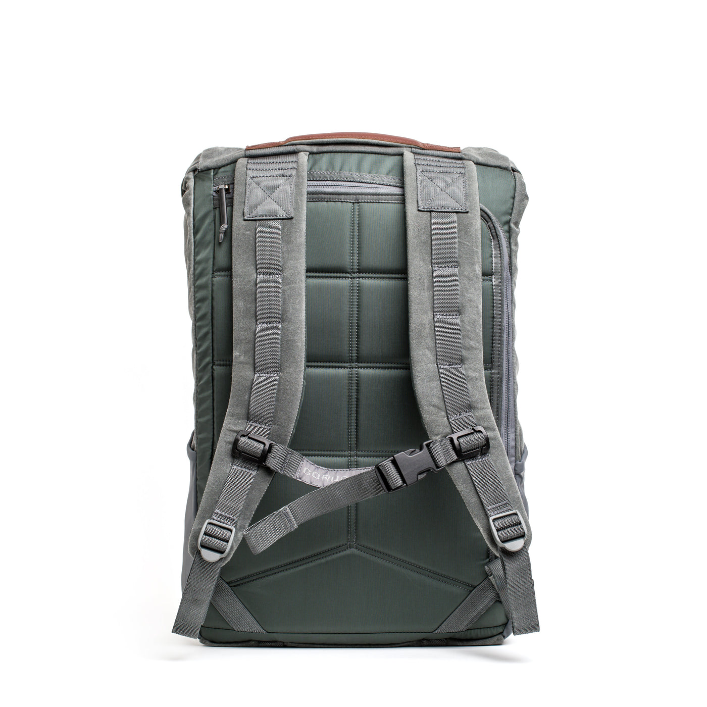 Back view of the M24 - Waxed Canvas rucksack by GORUCK, showcasing durable materials with extra padded shoulder straps and a top handle, set against a white background.