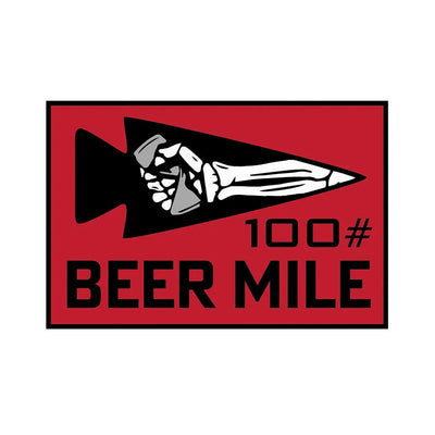 Patch - HEAVY MILE: Features a red arrow with a skeleton hand holding a beer and bold "100 BEER MILE" text—ideal for your next Beer Mile or Heavy Mile ruck challenge.