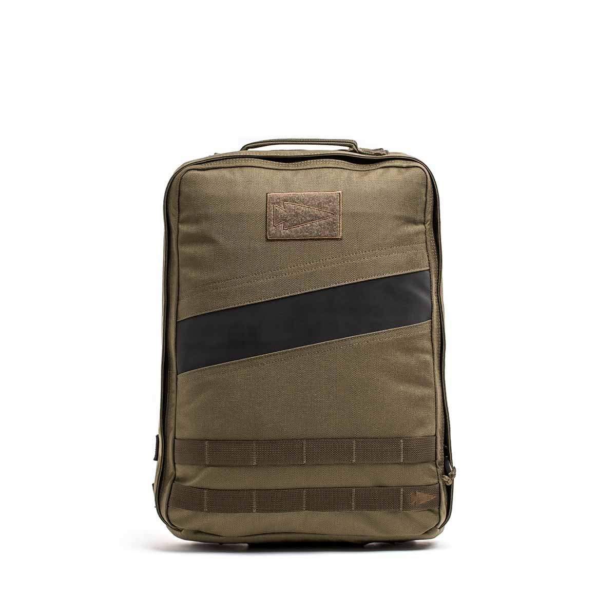 The Rucker 4.0 is an olive green rucksack with a black diagonal stripe, top handle, and front horizontal straps—ideal for rucking or daily carry.