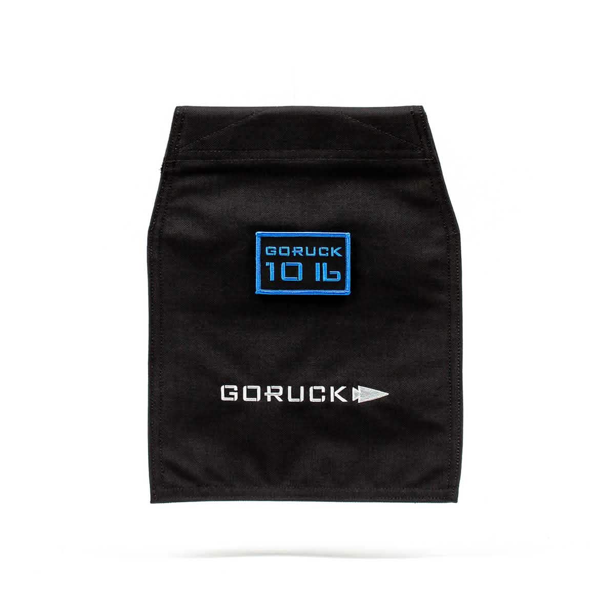 A sleek VELCRO® closure design characterizes the Ruck Sandbag - 10LB by GORUCK. It features a black fabric patch with "GORUCK 10 LB" in blue at the top, and underneath, "GORUCK" is displayed in white alongside a sideways arrowhead symbol.