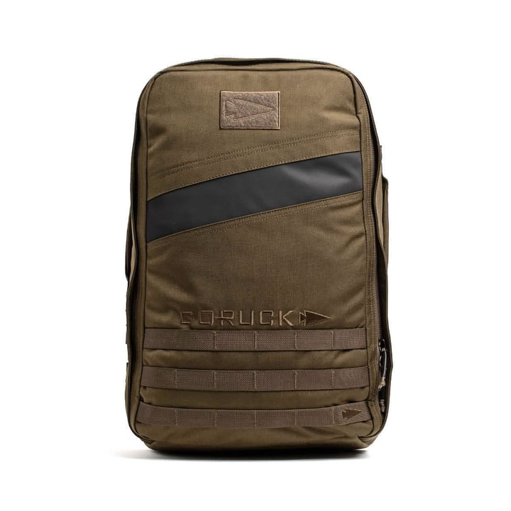 The Rucker 4.0 ranger green rucksack with black accents features a prominent Rucker® logo on the front, perfect for your rucking adventures.