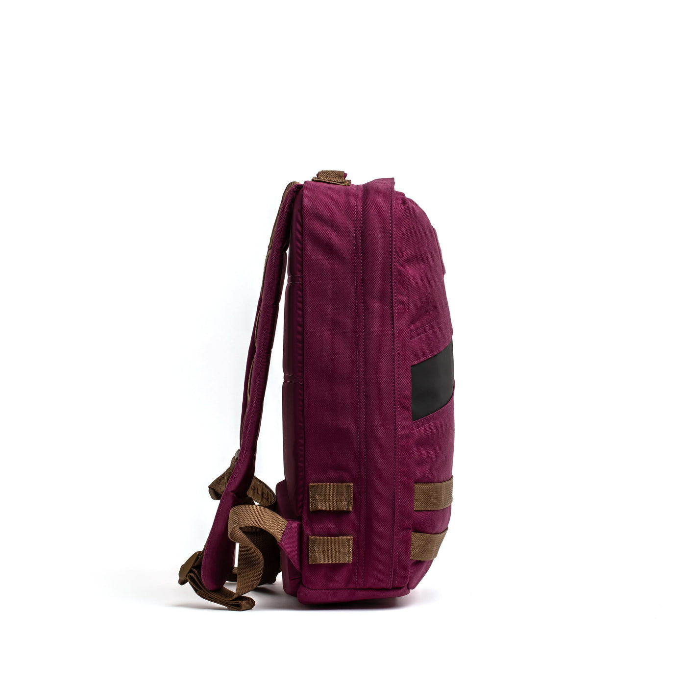 Rucker 4.0 backpack in maroon with brown straps and black accents, side view on white background. Reinforced construction ensures durability, making it ideal for rucking or carrying ruck plates.