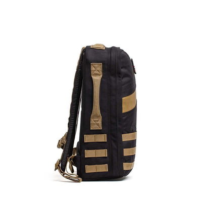 Side view of the Rucker 4.0 in black with tan straps and accents, ideal for rucking, displayed against a white background.