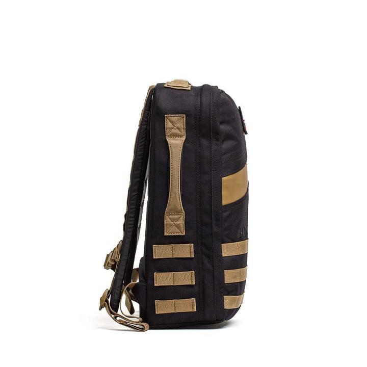 Side view of the Rucker 4.0 in black with tan straps and accents, ideal for rucking, displayed against a white background.