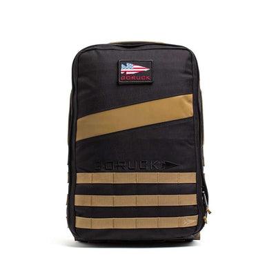 The Rucker 4.0 is a black and tan backpack featuring an American flag patch and "GORUCK" text on the front, ideal for rucking sessions or carrying your ruck plates.