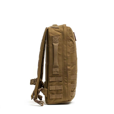 Side view of the brown Rucker 4.0 tactical backpack with multiple straps and a handle, designed for rucking with a secure Ruck Plate compartment, set against a white background.