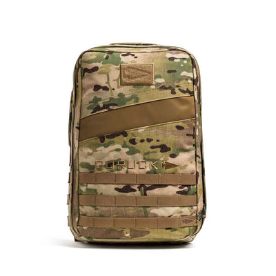 The Rucker 4.0 is a camouflage tactical rucksack featuring MOLLE webbing and a front GORUCK logo, ideal for rucking adventures.