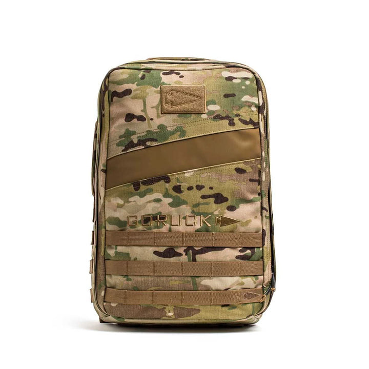 The Rucker 4.0 is a camouflage tactical rucksack featuring MOLLE webbing and a front GORUCK logo, ideal for rucking adventures.