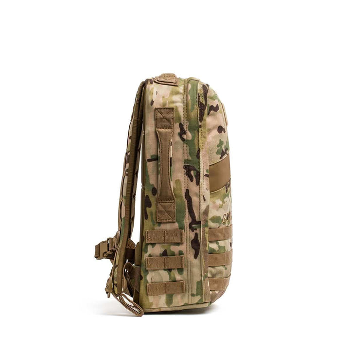 Side view of the Rucker 4.0 backpack in a camouflage pattern with adjustable straps on a white background, perfect for rucking and compatible with a Ruck Plate®.