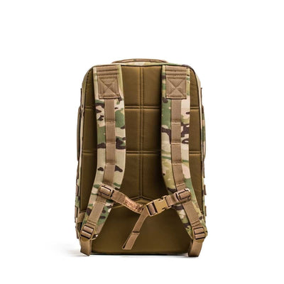 The Rucker 4.0 backpack, shown in a camouflage pattern from the back, features padded straps, a chest buckle, and is designed for comfortable rucking with space to hold a Ruck Plate®.
