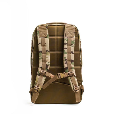 The Rucker 4.0, shown in tan and camouflage from the back, features padded straps and a chest buckle—perfect for rucking adventures.