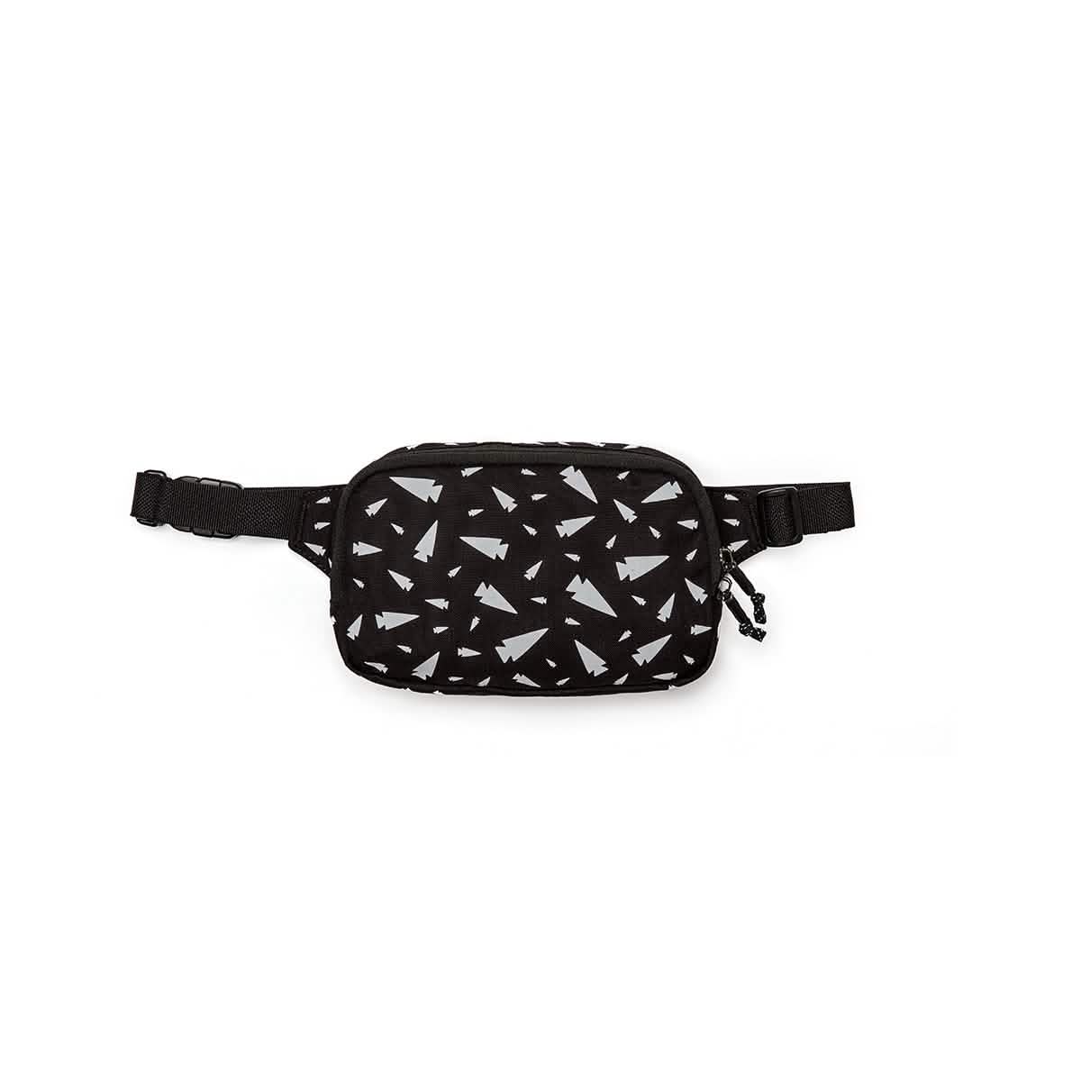 Introducing the GORUCK Belt Bag: a compact, black bag adorned with a pattern of white triangles. It features an adjustable webbing strap and a zippered front pocket to keep your gear organized.