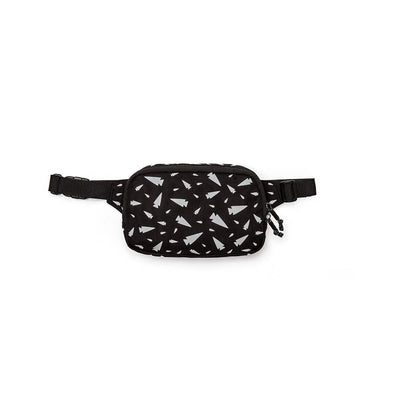 Introducing the GORUCK Belt Bag: a compact, black bag adorned with a pattern of white triangles. It features an adjustable webbing strap and a zippered front pocket to keep your gear organized.