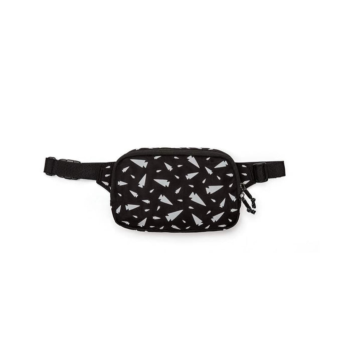 Introducing the GORUCK Belt Bag: a compact, black bag adorned with a pattern of white triangles. It features an adjustable webbing strap and a zippered front pocket to keep your gear organized.