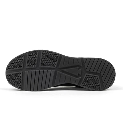 The image showcases the sole of the Men's Ballistic Trainers - Blackout with Black Reflective Spearhead by GORUCK. This functional fitness footwear displays a variety of tread patterns, including deep grooves and textured sections for enhanced grip. The flat, durable sole incorporates 3X Support™ technology to provide exceptional traction and stability.