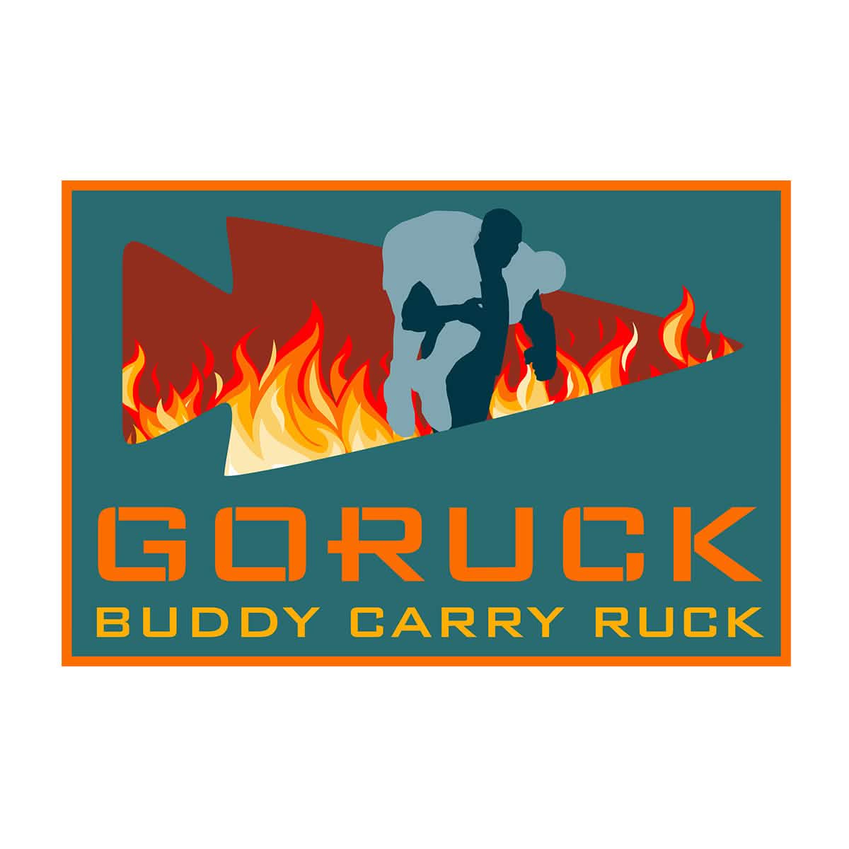 Logo for Patch - Buddy Carry by GORUCK. It showcases a silhouetted figure carrying another person, representing the essence of team challenge, set against a backdrop of flames. A bold orange arrow is prominent on the teal background, accompanied by the text "Patch - Buddy Carry.