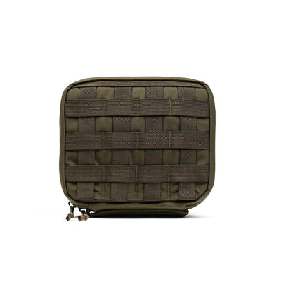 Introducing the GORUCK GR2 Field Pocket, a compact, olive green tactical pouch expertly crafted from rugged 1000D Cordura. This square pouch showcases MOLLE webbing on the front and includes dual zipper pulls at the bottom, making it perfect for organizing electronics or carrying essential gear.