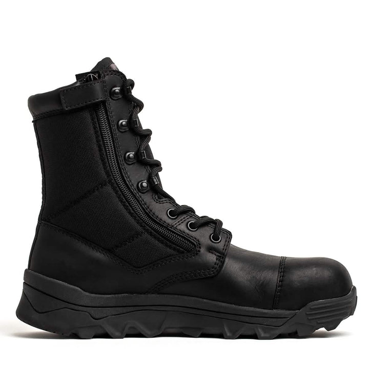 The GORUCK MACV-2 Safety Boot - High Top, designed to meet Special Forces standards, is displayed against a plain white background. This black tactical boot features a side zipper, lace-up front, rugged sole, and padded ankle support.