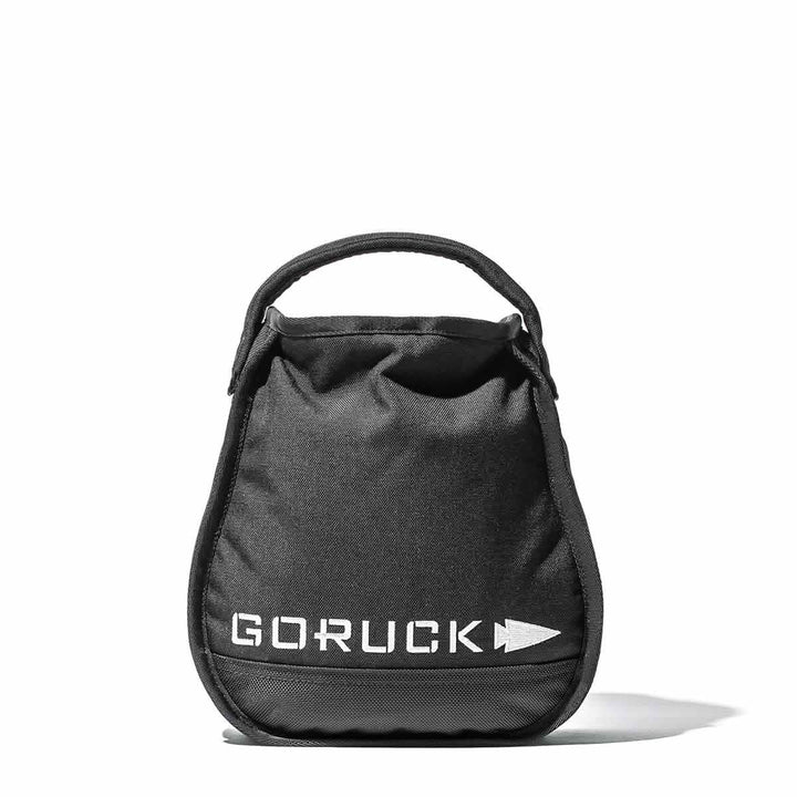 Featuring the bold white GORUCK lettering and an arrow, this black pouch with a handle offers a simple and functional endurance design. Its slightly rounded bottom makes it perfect for carrying your Sand Kettlebells or similar gear on the go.