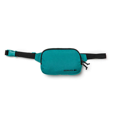 The Belt Bag, designed by GORUCK, is a teal waist pack featuring black zippers and an adjustable webbing strap with a matching teal buckle clasp. It is crafted to keep your gear organized and prominently displays the brand name GORUCK in bold black print on the lower right corner.